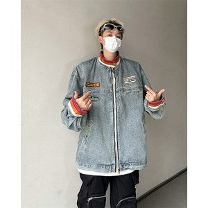 新款美式贴布立领牛仔外套春秋季宽松休闲百搭外套夹克图片
