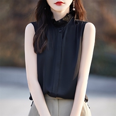 女士气质优雅时尚无袖木耳边衬衫，女装衬衫，臻维羊绒