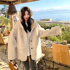 2C085-Q127P220K328连帽中长款羊羔毛外套，女装短外套，2C085