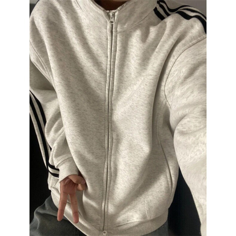 CW35LL-特P43三条杠花灰色外套男高级感痞帅立领卫衣夹克,男装夹克,星座1007（原301D）