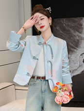 新中式国风外套女春秋2025新款高端洋气时尚刺绣缎面盘扣立领上衣，女装短外套，伊仟回