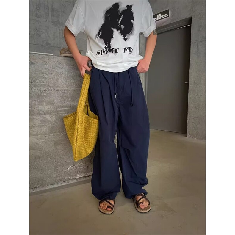 SLE夏季新款男日系百搭薄款弯刀打褶休闲裤宽松直筒阔腿裤子,男装休闲裤,四季星座505