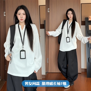 秋季大码中性纹理感V领卫衣男女高级感ins长袖T恤T1704-特P25控48图片