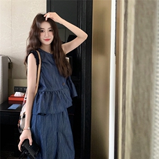 深蓝色复古牛仔套装女2025夏季新款独特漂亮无袖上衣阔腿裤两件套，女装套装/套裙，2C129