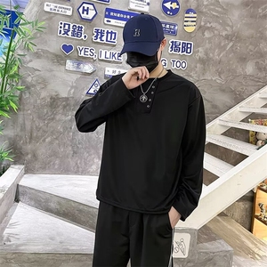简约纯色复古休闲纽扣设计感T恤男潮流原宿时尚打底衫百搭W19/P35图片