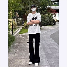 白色美式高街工装牛仔裤男秋季修身vibe绑带裤子显高显瘦微喇长裤，男装牛仔裤，四季星座505