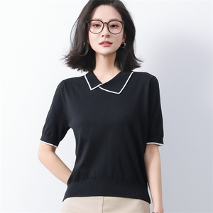 夏季不规则娃娃领针织短袖T恤女2025新设计感莱赛尔冰丝翻领小衫图片