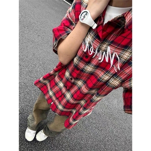 红色格子短袖衬衫男夏季2025新款潮牌宽松休闲外套少年感痞帅衬衣