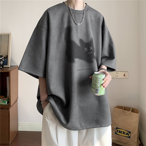 小猫印花麂皮绒短袖t恤男款夏季2025新款美式潮牌情侣重磅体恤衫图片