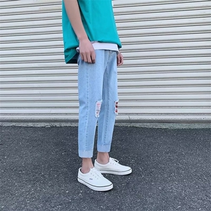 牛仔裤男长裤韩版潮流直筒潮牌ins九分裤宽松破洞乞丐裤G251-P40图片