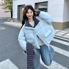 冰川蓝挂脖围巾加厚格纹拼接羽绒服2C267-999-P285-K398，女装羽绒服，2C267