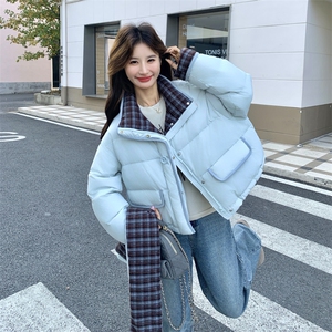 冰川蓝挂脖围巾加厚格纹拼接羽绒服2C267-999-P285-K398图片