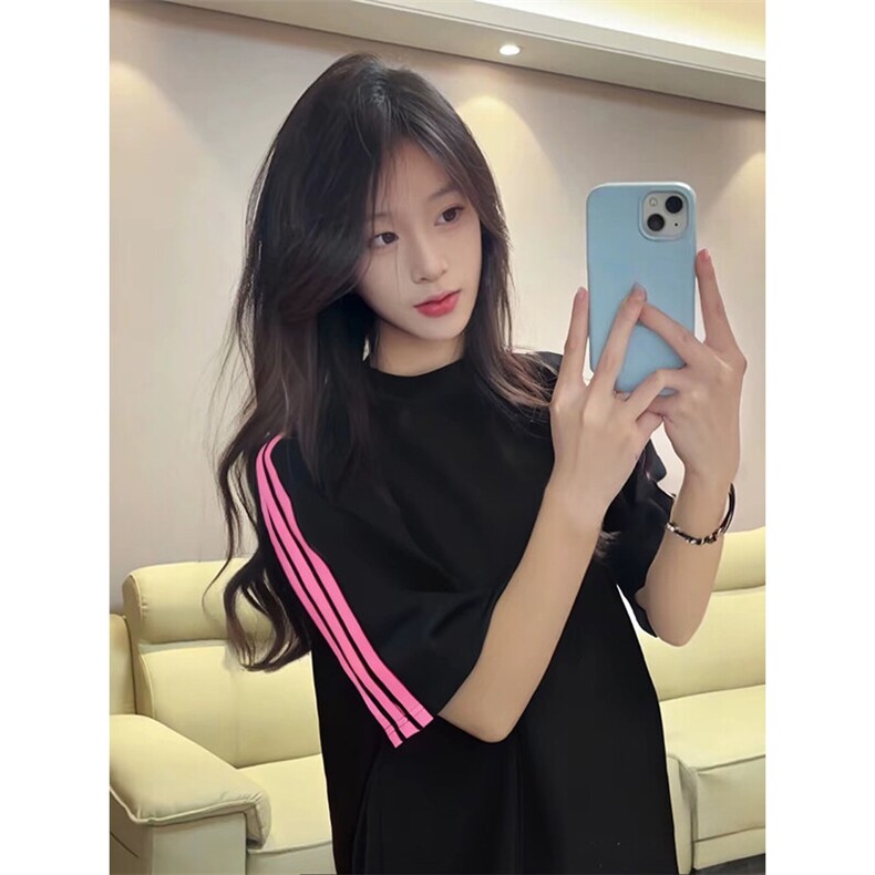 抖音得物品质二开240克宽松纯棉美式潮牌印花三条杠中性风短袖T恤,男装T恤,电商A486