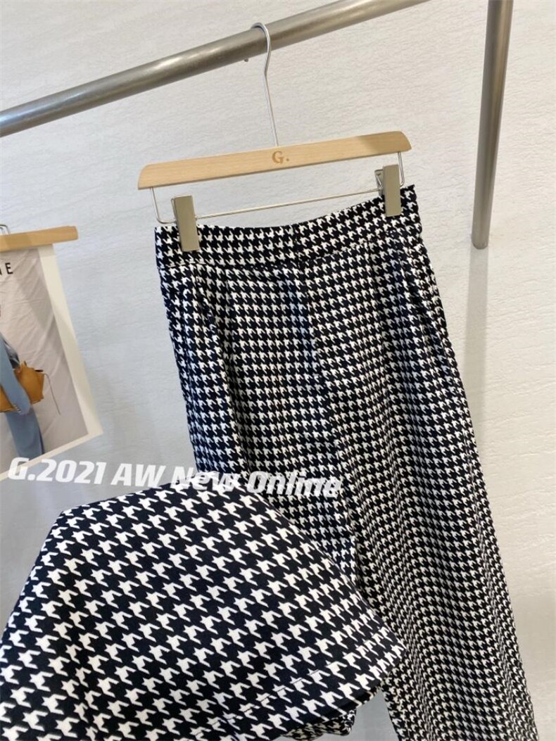 现货秋季新款千鸟格厚松紧腰直筒裤均码，其它，G