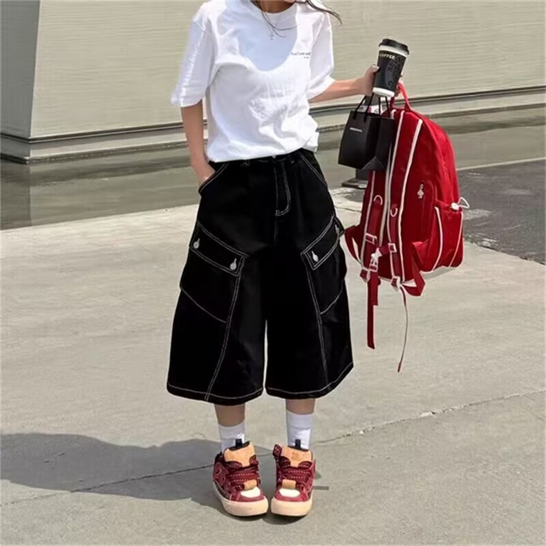 牛仔短裤男女2026夏季新款美式多口袋裤子宽松水洗阔腿七分裤简约，男装牛仔裤，星座506A