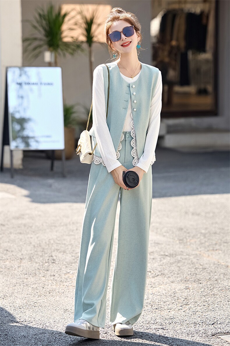 时尚高级感马甲套装女2025春夏新款洋气减龄显瘦垂感阔腿裤三件套,女装套装/套裙,木子恋