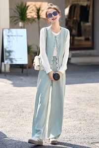时尚高级感马甲套装女2025春夏新款洋气减龄显瘦垂感阔腿裤三件套图片