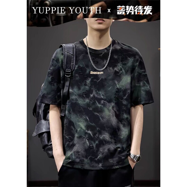 网络图现货文艺潮流气质时尚百搭简约扎染破洞短袖T恤JM822-P48,男装T恤,星座715-7