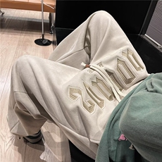麂皮绒休闲裤男韩版潮字母刺绣2024秋冬新款ins宽松长裤K3021-P37，男装休闲裤，星座412-3