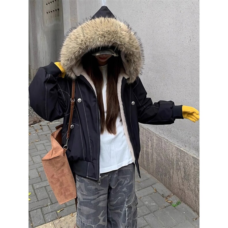 现货重磅boxy短款棉衣座山雕大毛毛领男女棉服水洗工装厚外套,男装棉衣,电商A486-1