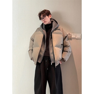 网图【假两件】冬季连帽PU皮双拉链加厚棉服男宽松保图片