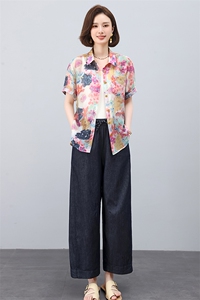 叶笙衣套装2552-132印花短袖复古花纹阔腿裤套装图片