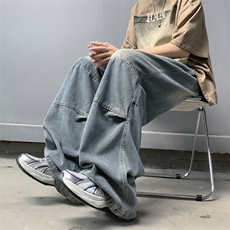 水洗牛仔裤男秋款美式复古阔腿潮牌宽松直筒休闲裤子N188-P45，男装牛仔裤，星座308B-1