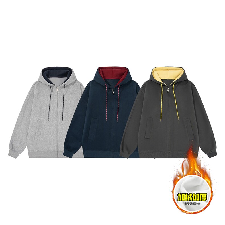 480G重磅加绒硬挺boxy男女秋冬美式高街双层撞色连帽卫衣开衫外套，女装短外套，电商A486-1