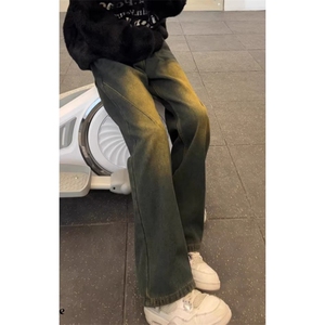 蓝牛仔裤男生冬季加绒裤子潮牌高街宽松休闲微喇裤子 N736图片