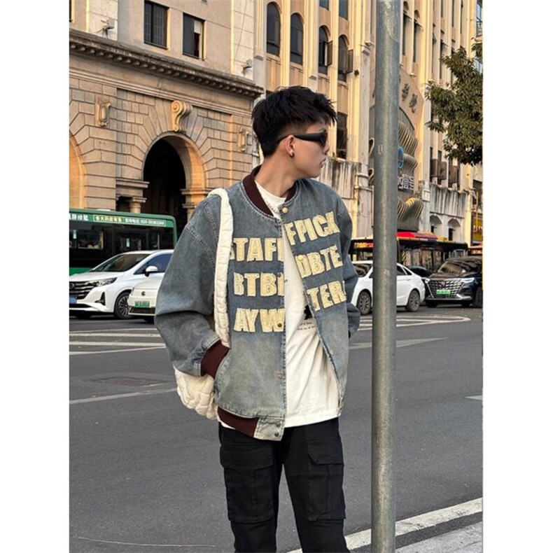 美式潮牌棒球服字母贴布牛仔外套撞色oversize夹克 JK3355 特P79图片