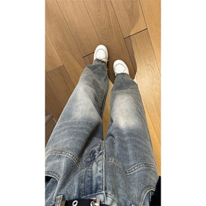 现货 直筒渐变休闲裤女宽松复古蓝毛边牛仔裤男 K5825-P55 控78图片