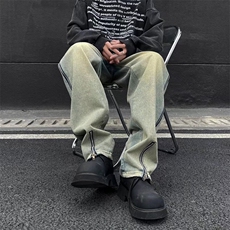 欧美vibe风黄泥侧拉链开叉牛仔裤男设计感小众痞帅高街显瘦长裤子，男装牛仔裤，星座601-2