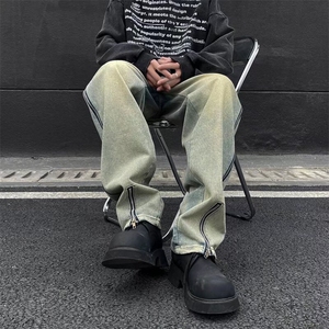 欧美vibe风黄泥侧拉链开叉牛仔裤男设计感小众痞帅高街显瘦长裤子图片