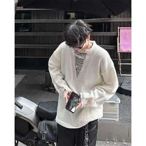 CL9668-P42 美式镂空深V设计长袖针织衫潮男秋季高级感痞帅毛衣图片