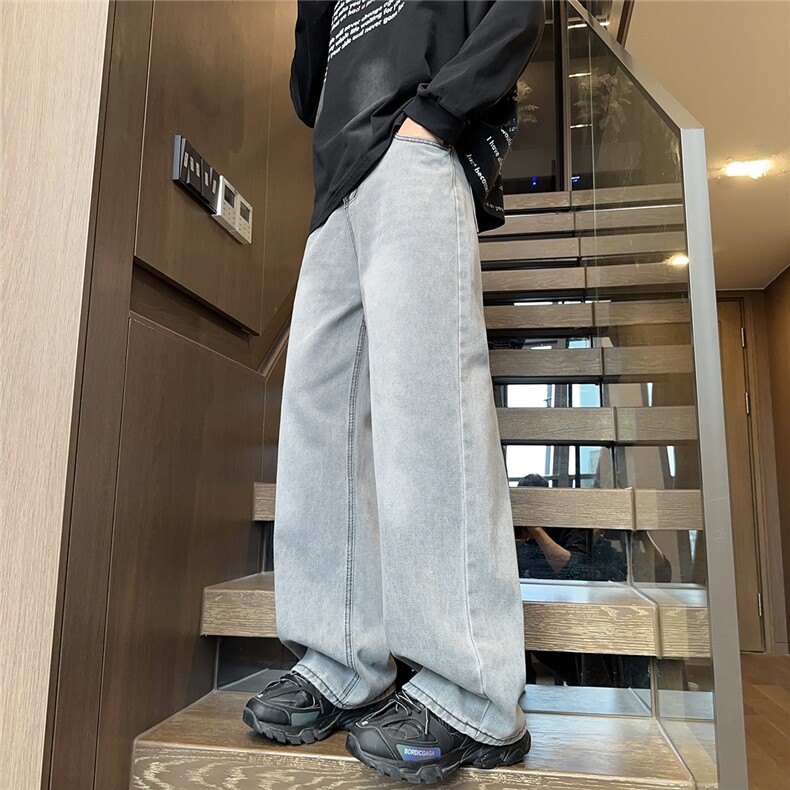 烟灰色复古蓝牛仔裤潮牌男生美式高街长裤百搭直筒裤图片