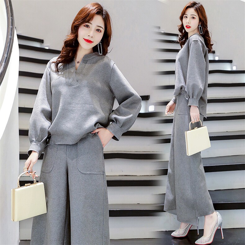 时尚两件套女2023秋装新款气质百搭长袖休闲V领鹿皮绒阔腿裤套装，女装套装/套裙，天丝秀