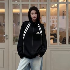 抖音得物高品质秋冬美式重磅结构织带撞色立领印花卫衣外套AW7008，女装短外套，电商A443