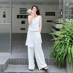 韩系松弛感蕾丝拼接马甲套装女2026夏季新款休闲阔腿裤两件套图片