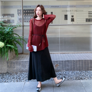高级感法式气质时尚套装裙女宽松镂空针织罩衫搭配背心裙装两件套图片