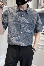 夏季印花短袖衬衫男士社会小伙潮痞帅半袖微宽松衬衣TZ94P50控78，男装T恤，电商B413