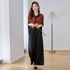 中年妈妈休闲宽松套装女2025夏季新款拼色短袖上衣阔腿长裤两件套，女装套装/套裙，魅衣本色