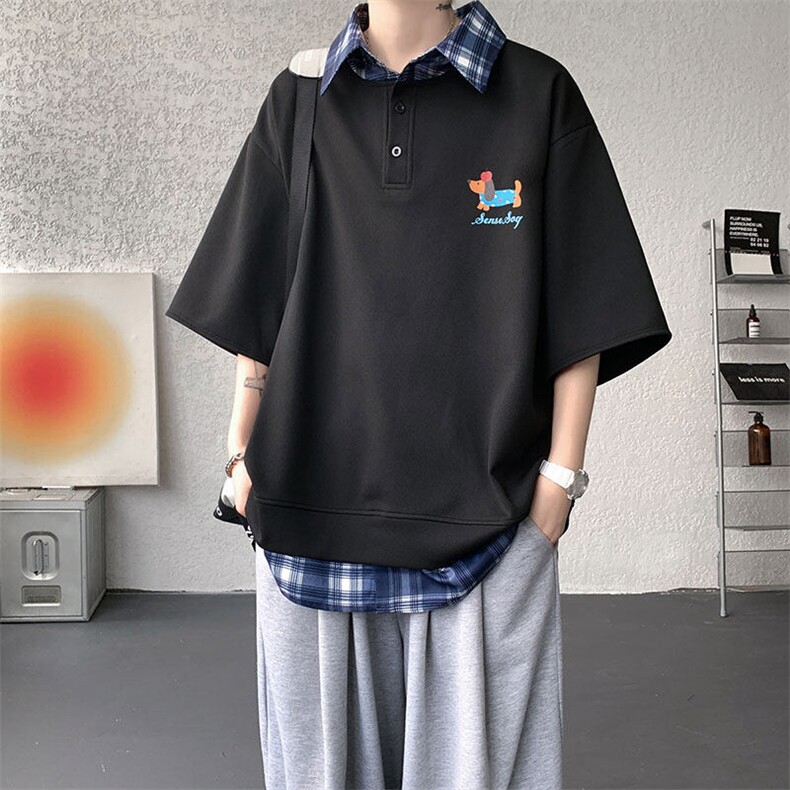 现货DX10119-特批30控68夏季新款大码假两件腊肠狗短袖T恤,男装T恤,电商A059