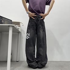 美式水洗印花牛仔裤男女嘻哈宽松复古阔腿裤子弯刀裤NZ0158-P52，男装牛仔裤，星座308B-1