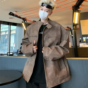 秋款复古做旧机车皮衣外套男士高街潮流立领情侣pu皮夹克图片