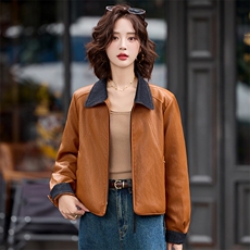 2025秋冬季女装新款大量现货拼色翻领袖口翻边撞色短款皮衣外，女装皮衣，衣之秀