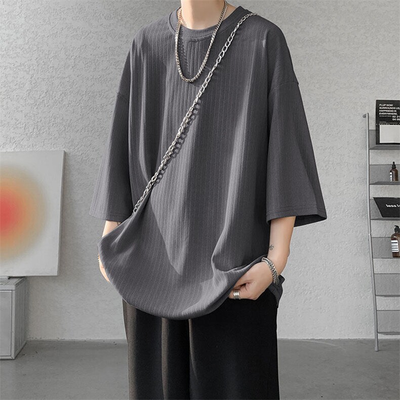短袖男夏季新款港风宽松暗纹冰丝大码五分袖上衣T恤T9908-P30,男装T恤,星座214-3