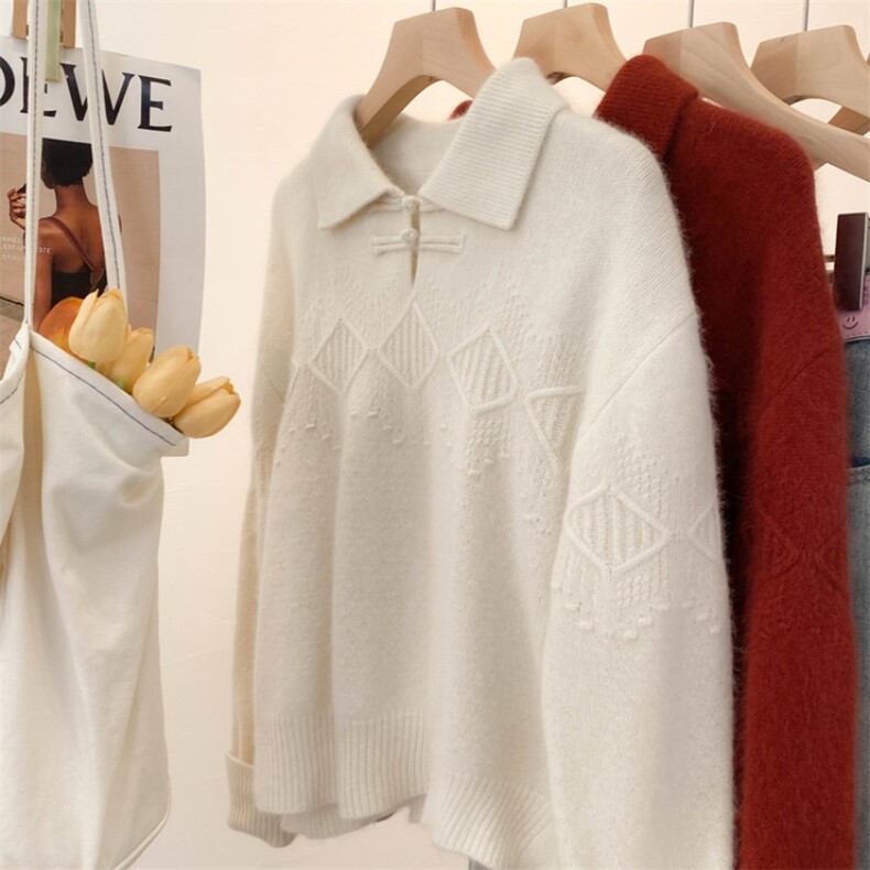 2024秋季新款翻领纯色长袖盘扣上衣柔软舒适，女装针织衫/毛衣，胜智羊绒