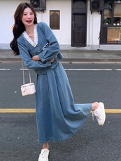 法式蕾丝花边拼接牛仔套装裙女2025春季新款气质温柔风百搭两件套，女装套装/套裙，浙宝305