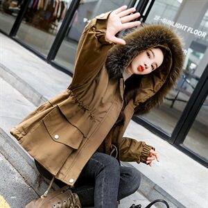 棉衣/棉服2021新款冬兔毛中长款工装带帽棉服女外套配毛领图片