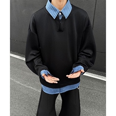学生春秋日系宽松简约假两件衬衫套头长袖卫衣风上衣情侣装，男装衬衫，星座506A